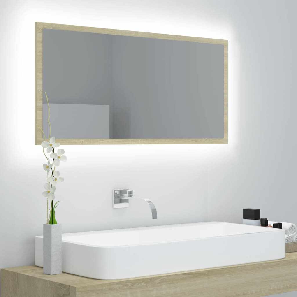 vidaXL Oglindă de baie cu LED, stejar sonoma, 90x8,5x37 cm, acril
